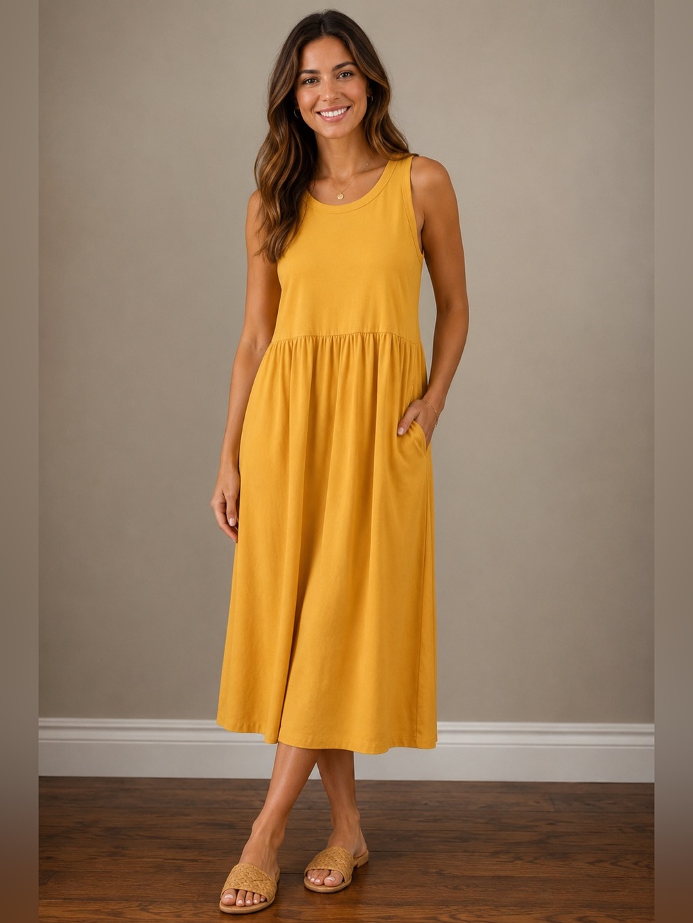 Buffalo David Bitton Yellow Sleeveless Stretch Cotton Midi Dress with Pockets XL - Picture 1 of 11